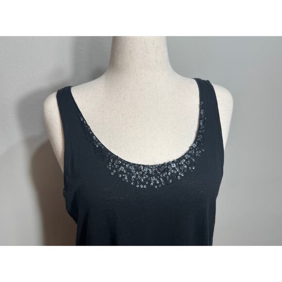 EIleen Fisher linen tunic tank black sequined neckline sleeveless loose fit Sz L - Picture 2 of 6